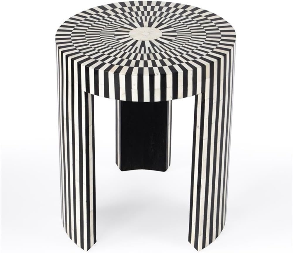 Beaumont Lane Transitional Round Bone Inlay Side Table, Black and White Finish, 18" W x 18" D x 22" H, Engineered Wood Construction, Handcrafted Accent Table for Living Room Decor