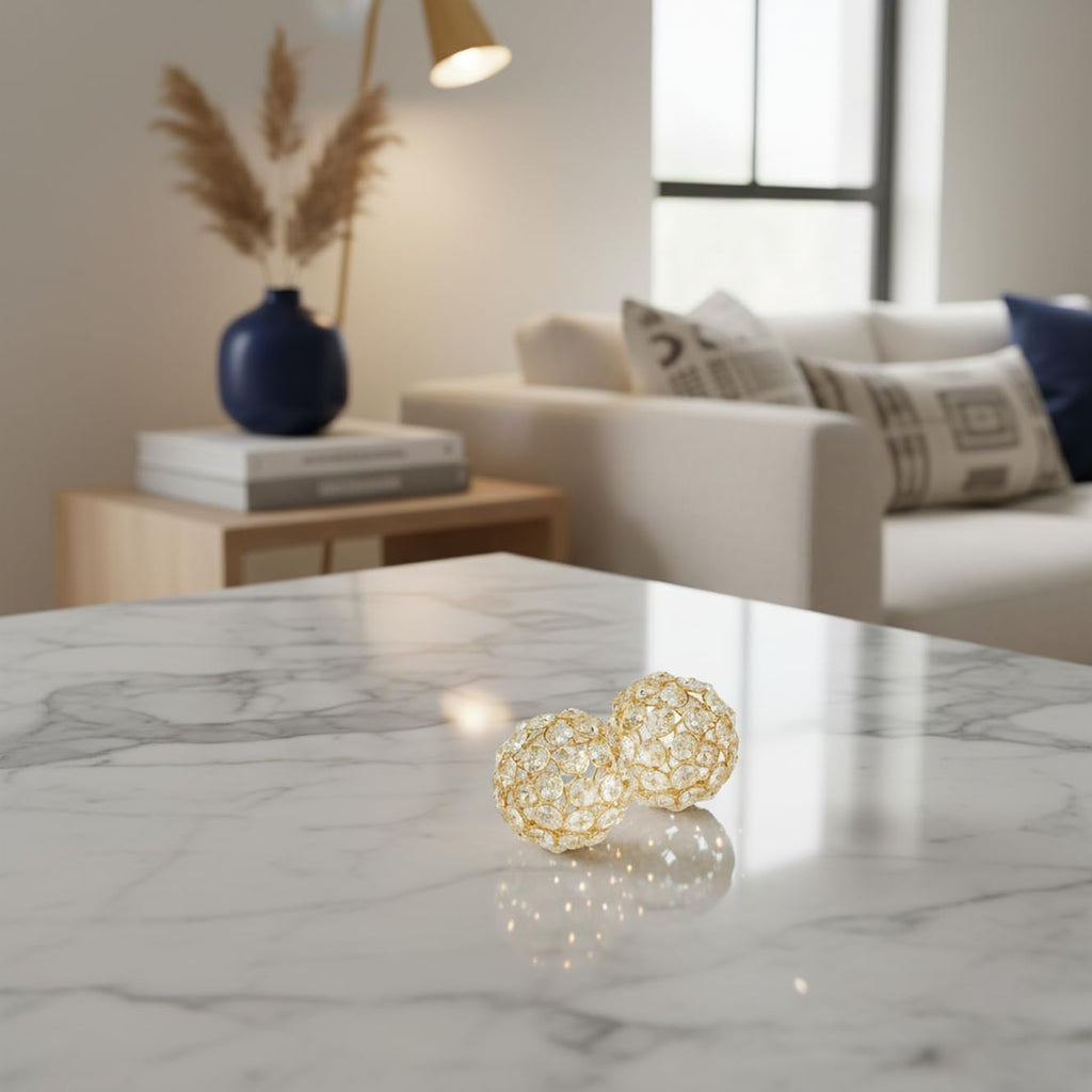 Facetas Decorative Crystal Sphere Fillers – Set of 2 Handcrafted Decorative Orbs, Available in all Crystal Silver & Gold, or in Silver & Gold with added Faux Pearls, 3", 4" or 5" Diameter
