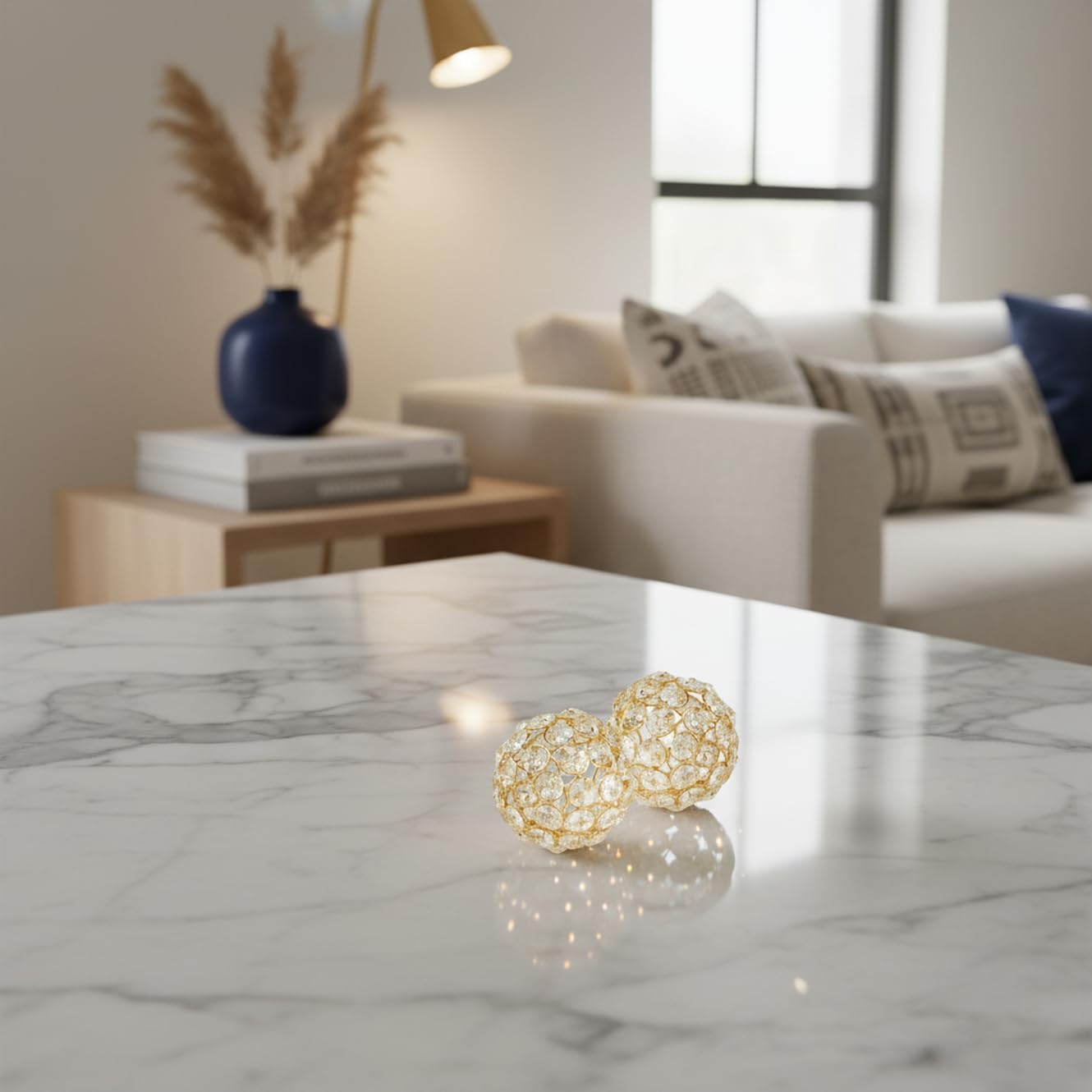 Facetas Decorative Crystal Sphere Fillers – Set of 2 Handcrafted Decorative Orbs, Available in all Crystal Silver & Gold, or in Silver & Gold with added Faux Pearls, 3", 4" or 5" Diameter