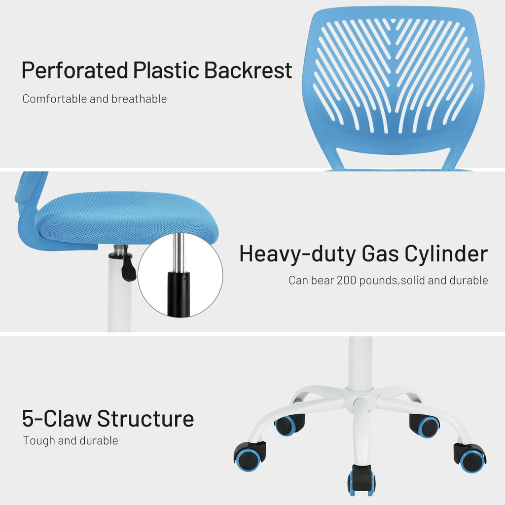 FurnitureR Rolling Study Mesh Desk Chair, Ergonomic Armless Compact Adjsutable Swivel Task Chair with Soft Cushion ad Plastic Mid-Back for Students Teens Children Kids, Sky Blue