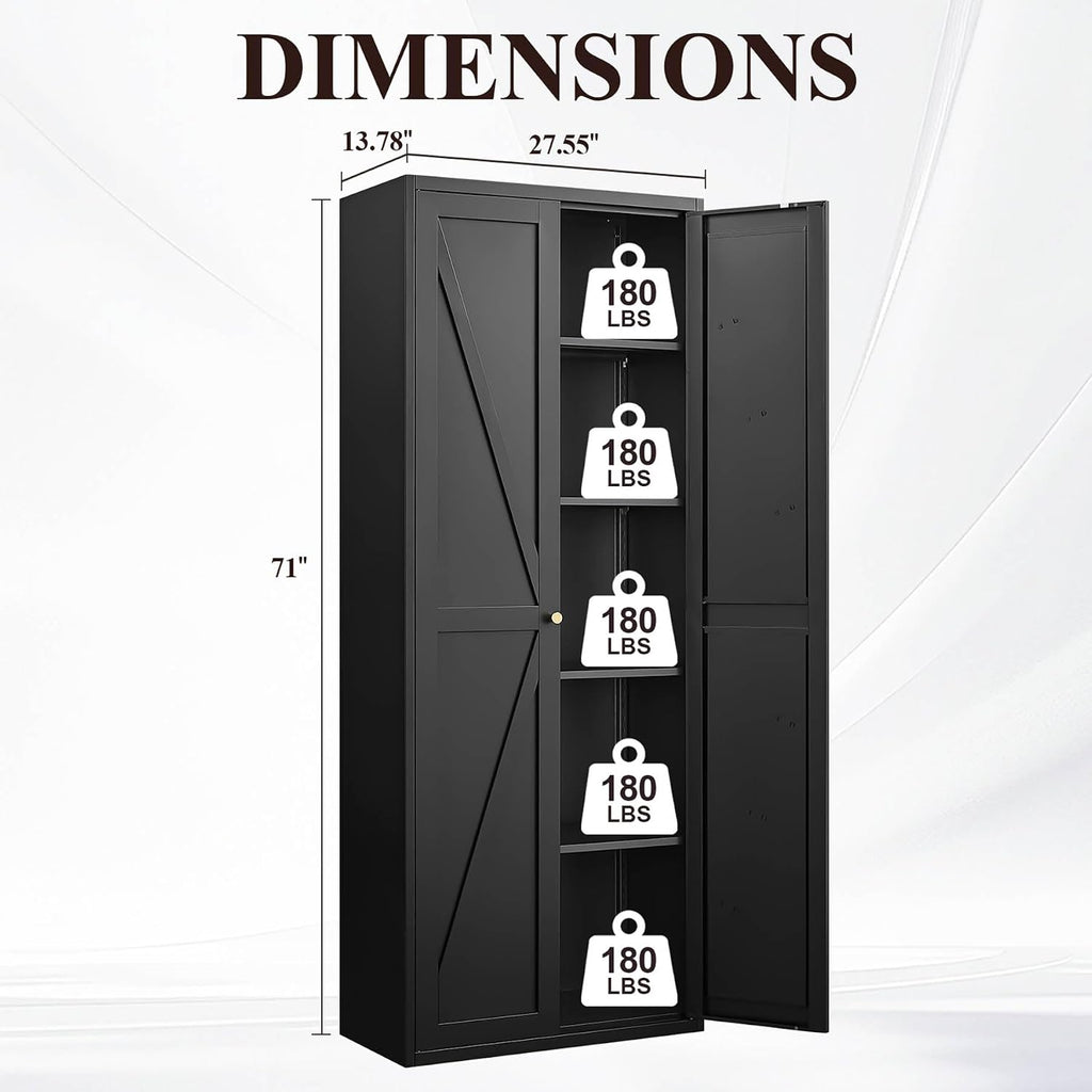Metal Storage Cabinet with Doors and Shelves, Tall Kitchen Pantry Cabinet, Modern Freestanding Food Storage Cabinet with Gold Handles for Living Room, Dining Room, Office, (Black, 71")