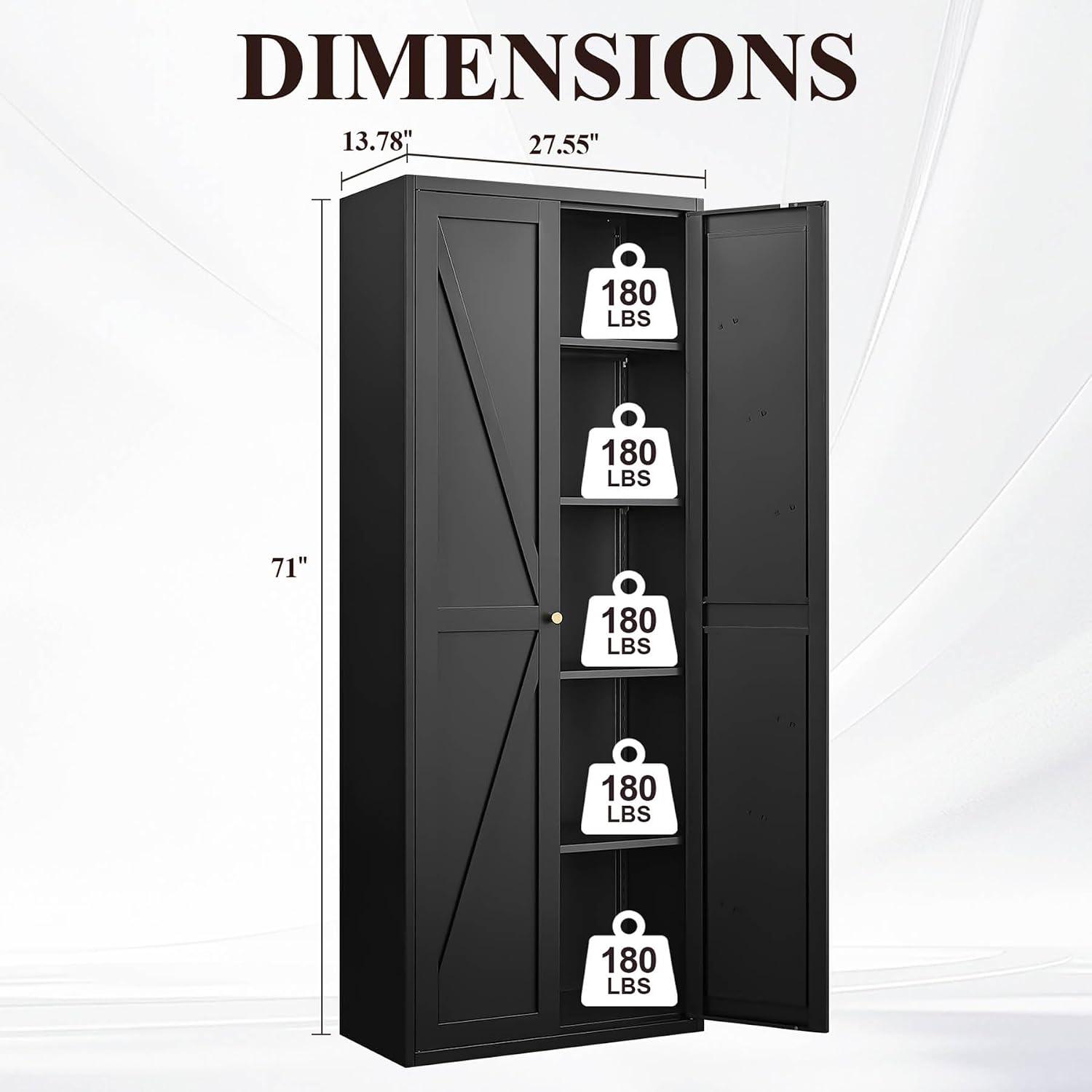 Metal Storage Cabinet with Doors and Shelves, Tall Kitchen Pantry Cabinet, Modern Freestanding Food Storage Cabinet with Gold Handles for Living Room, Dining Room, Office, (Black, 71")