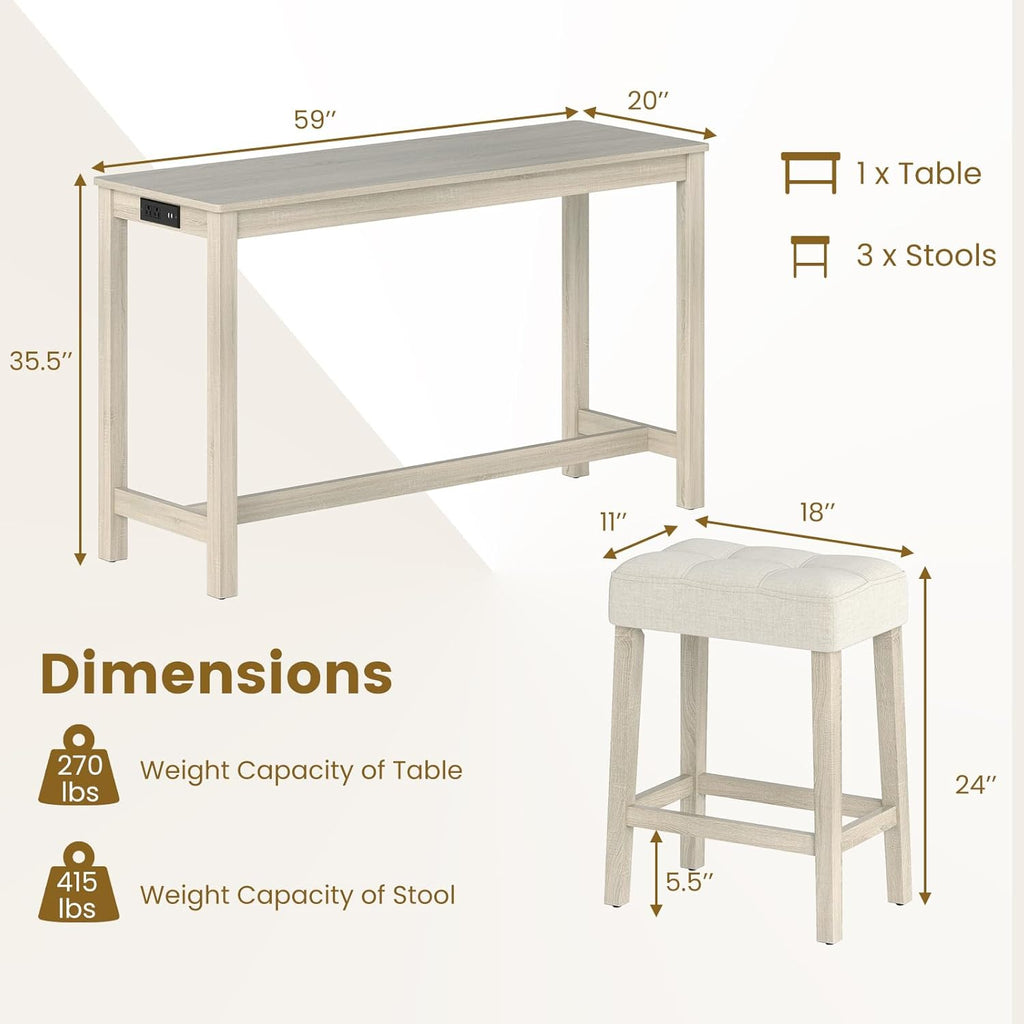 COSTWAY 4-Piece Breakfast Nook Bar Set with Built-in Charging Station, Counter Height Table with 3 Stools, Farmhouse Dining Room Table & Chairs with Wooden Frame & Cushioned Seat for Kitchen, Gray