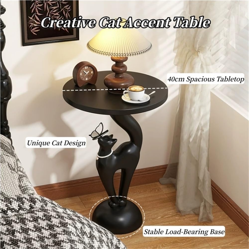 Elegant Resin Cat Sculpture Side Table with Tray, Modern Creative Bedside Table, Art Accent Tables for Living Room Bedroom Apartment Office Small Spaces Funky Furniture for Home Decor(Black,Large)