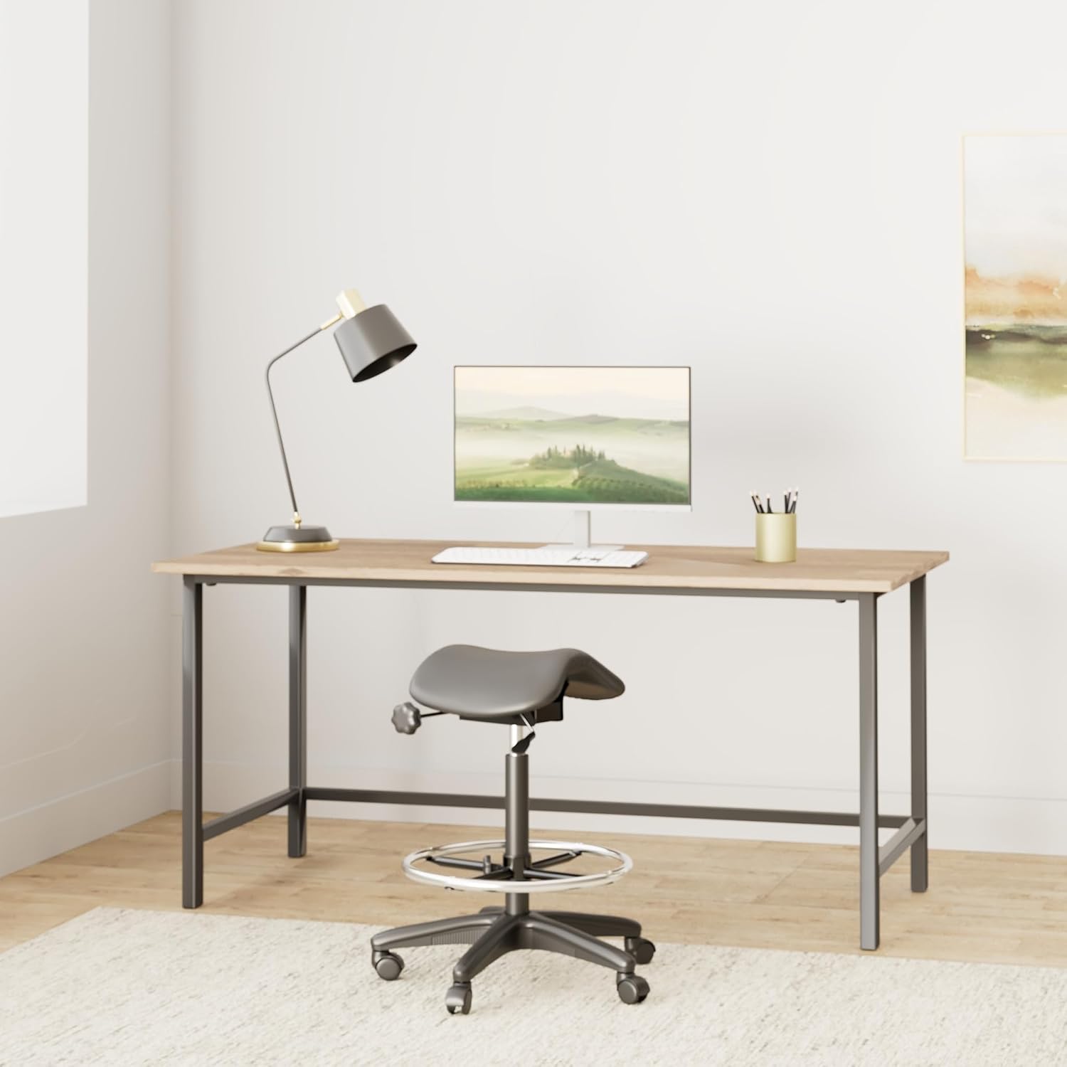 Office Star Drafting Backless Stool with Saddle Seat, Foot Ring, Adjustable Seat Angle and Pneumatic Height Adjustment, Black Vinyl