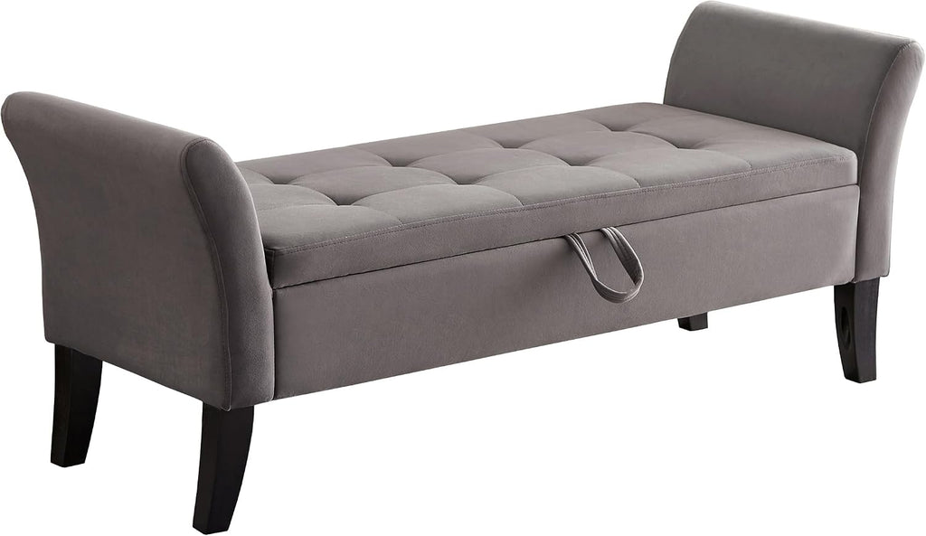 51.5" Velvet Storage Bench, Upholstered Button Tufted Design, Bedside Bench with Armrests, Secure Hinged Storage Space, Suitable for Bedroom Living Room (Grey)