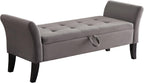 51.5" Velvet Storage Bench, Upholstered Button Tufted Design, Bedside Bench with Armrests, Secure Hinged Storage Space, Suitable for Bedroom Living Room (Grey)