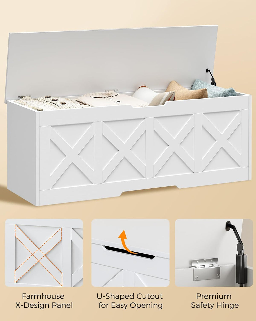 Homleke 47.2" Extra-Large Wooden Storage Chest – Farmhouse Toy Box, Entryway Bench, Bedroom Storage, Safety Hinge, Easy Assembly, White