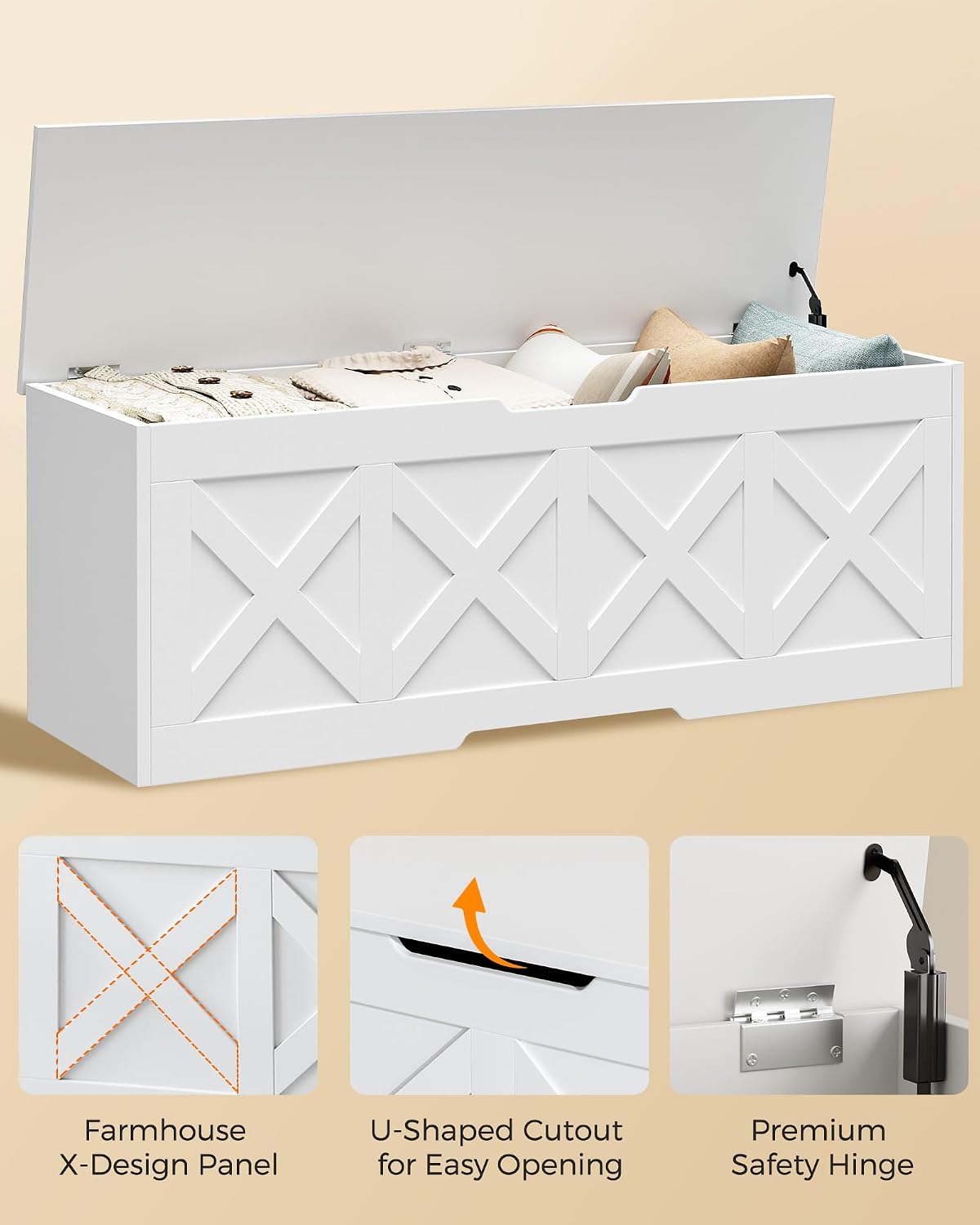 Homleke 47.2" Extra-Large Wooden Storage Chest – Farmhouse Toy Box, Entryway Bench, Bedroom Storage, Safety Hinge, Easy Assembly, White