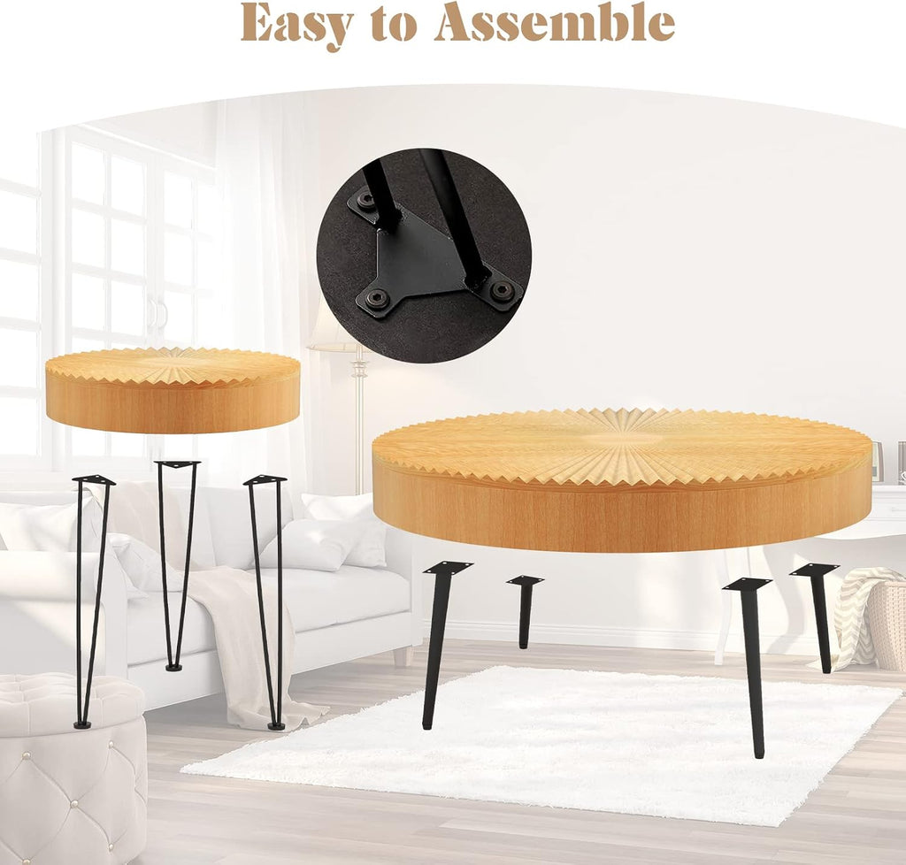 Giantex Boho Round Coffee Table Set of 2, Sofa Side Nesting Table with Solid Pine Wood Top, Metal Legs & Adjustable Foot Pads, 31.5" D Large Table Set for Living Room (Radial Pattern, Natural)