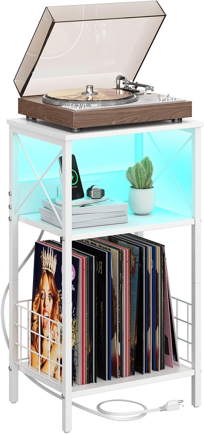 sthmec 3 Tiers End Table with Charging Station, LED Record Player Stand for Vinyl Storage, Vinyl Storage for Albums, Vinyls Shelf Record Player Table for Living Room, Bedroom White