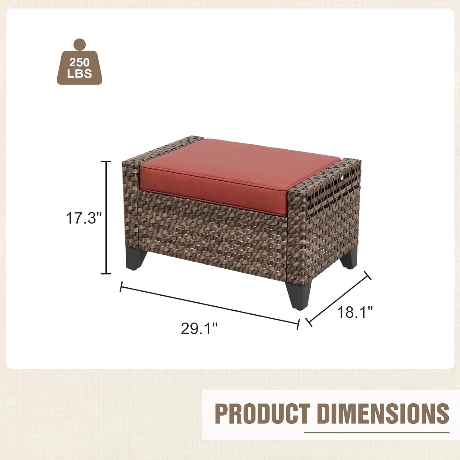 2 Pieces Modern Outdoor Wicker Patio Footstools, Multipurpose PE Rattan Ottomans Set for Poolside, Backyard and Balcony, Brown/Red