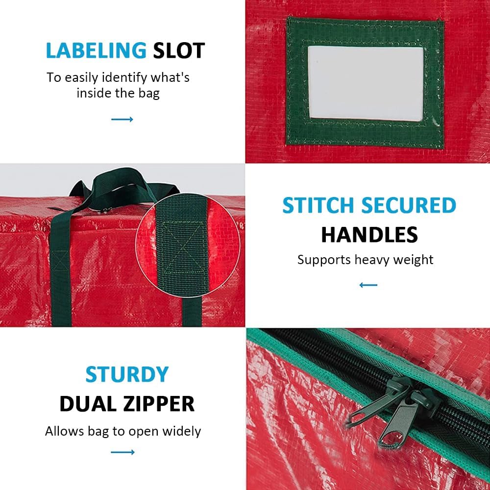 24" Christmas Wreath Storage Bag Artificial Wreath Container Garland Holiday Xmas Wreaths Holder Sturdy Handles Inner Straps Card Slot Dual Zipper Red