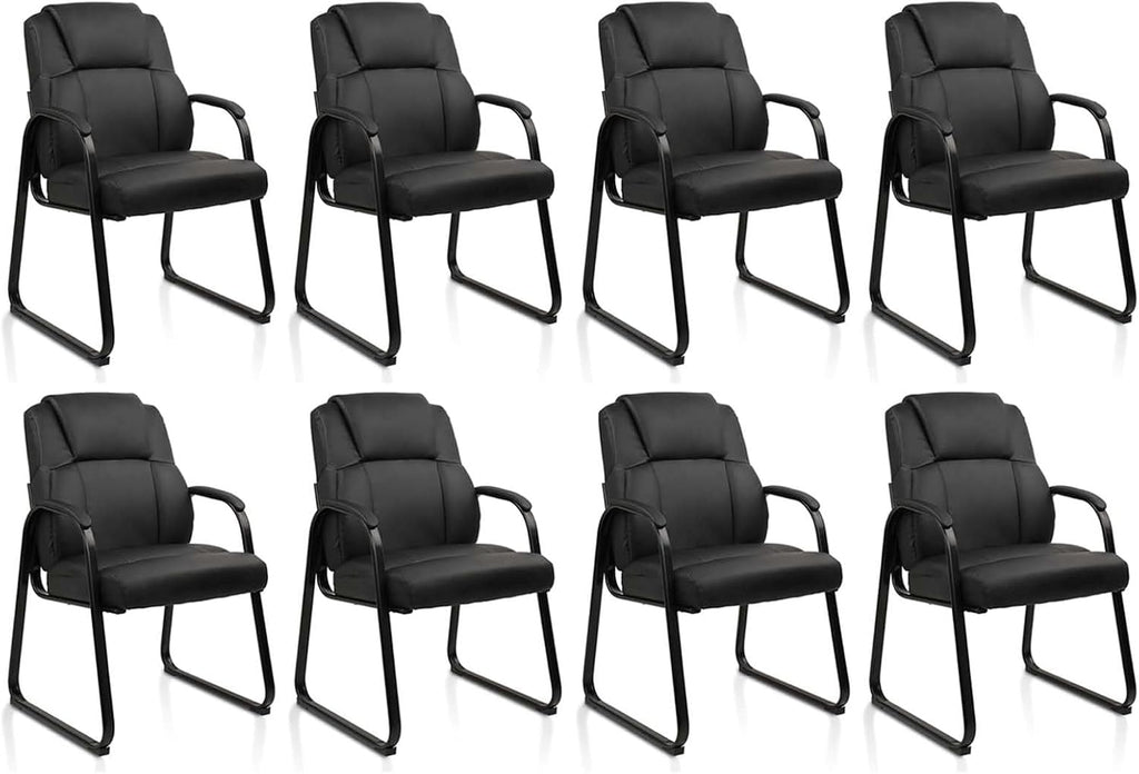 CLATINA Leather Waiting Room Chair, Sled Base No Wheels Reception Guest Chair with Padded Armrest, Comfy Upholstered Office Computer Desk Chair for Home Office Meeting Room Lobby, Black, 8 Pack