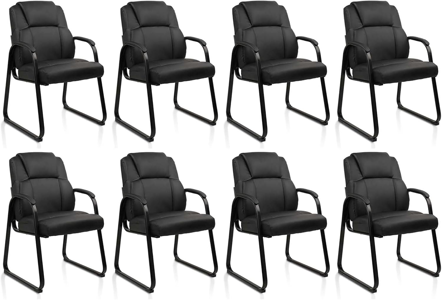 CLATINA Leather Waiting Room Chair, Sled Base No Wheels Reception Guest Chair with Padded Armrest, Comfy Upholstered Office Computer Desk Chair for Home Office Meeting Room Lobby, Black, 8 Pack