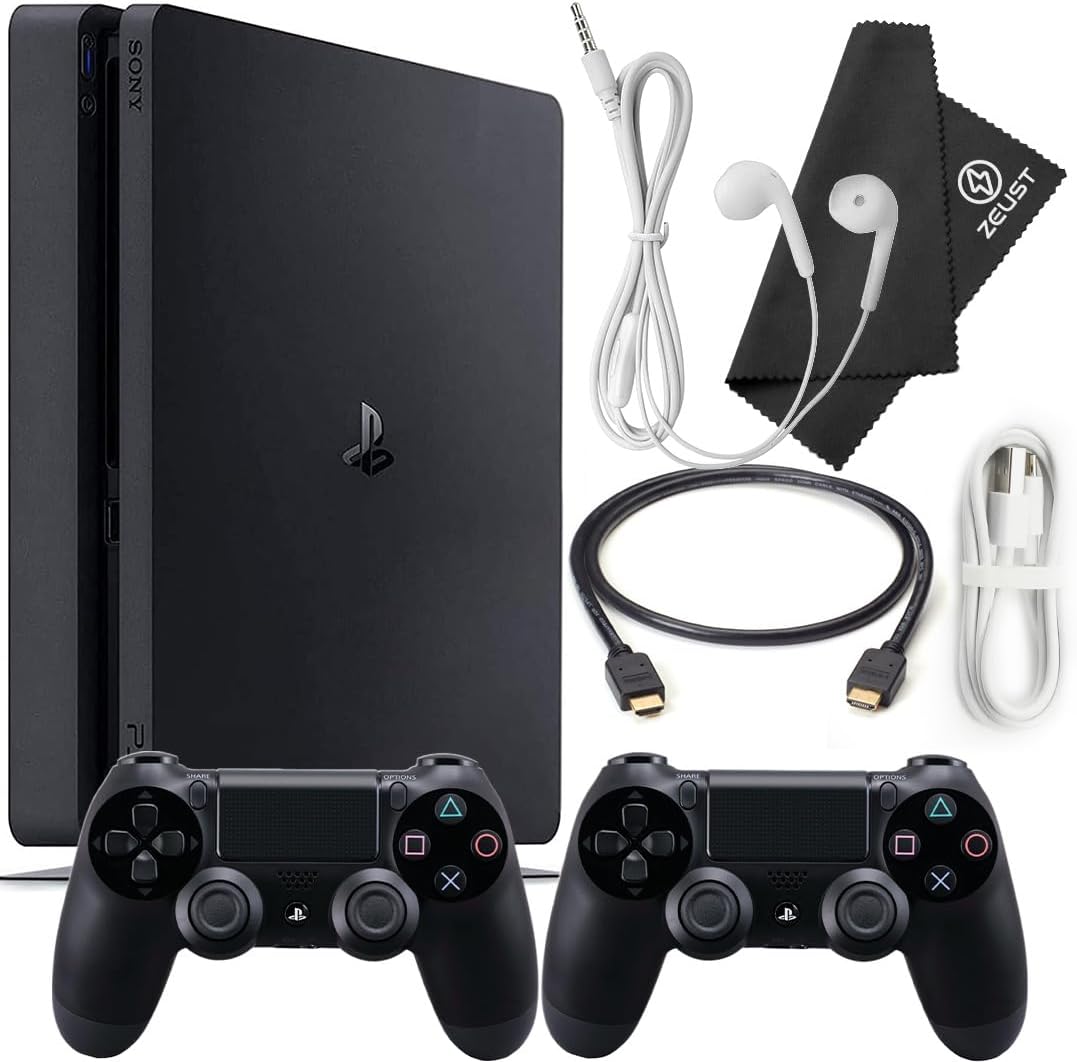 PlayStation 4 Slim 1TB Console Bundle - Includes the PS4 Console Slim 1TB, 2 Dualshock PS4 Wireless Controllers, MicroUSB Charging Cable, HDMI cable, Wired Earbuds and Microfiber Cloth (Renewed)