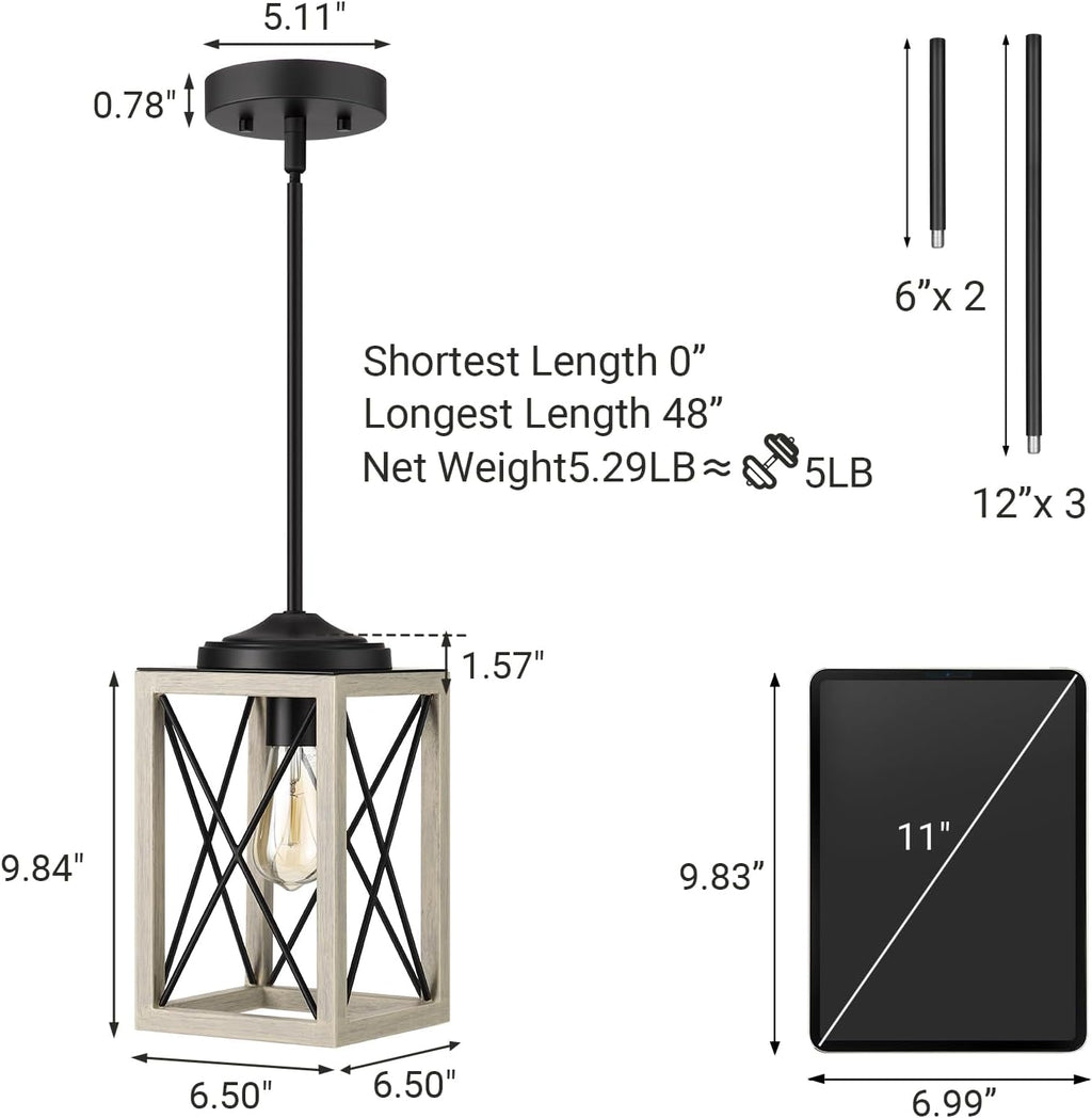 DEWENWILS Farmhouse Pendant Light, Metal Hanging Light Fixture with Wooden Grain Finish, 48" Adjustable Pipes for Flat and Slop Ceiling, Kitchen,Island, Living Room, Bedroom, E26 Base