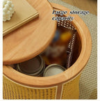 Simple Wood Side Table Handmade Round Storage Small Imitation Woven Rattan Sofa End Table Coffee Table Bedside Table for Room All Occasion(Coffee)