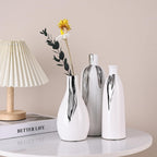 Ceramic Vase 3 Piece Set, White and Silver Vases for Home Decor, Decorative Vases for Mantels, Shelves and Entryway Decor, Dining Table Centerpieces, Living Rooms, Fireplaces and Kitchen Decor.
