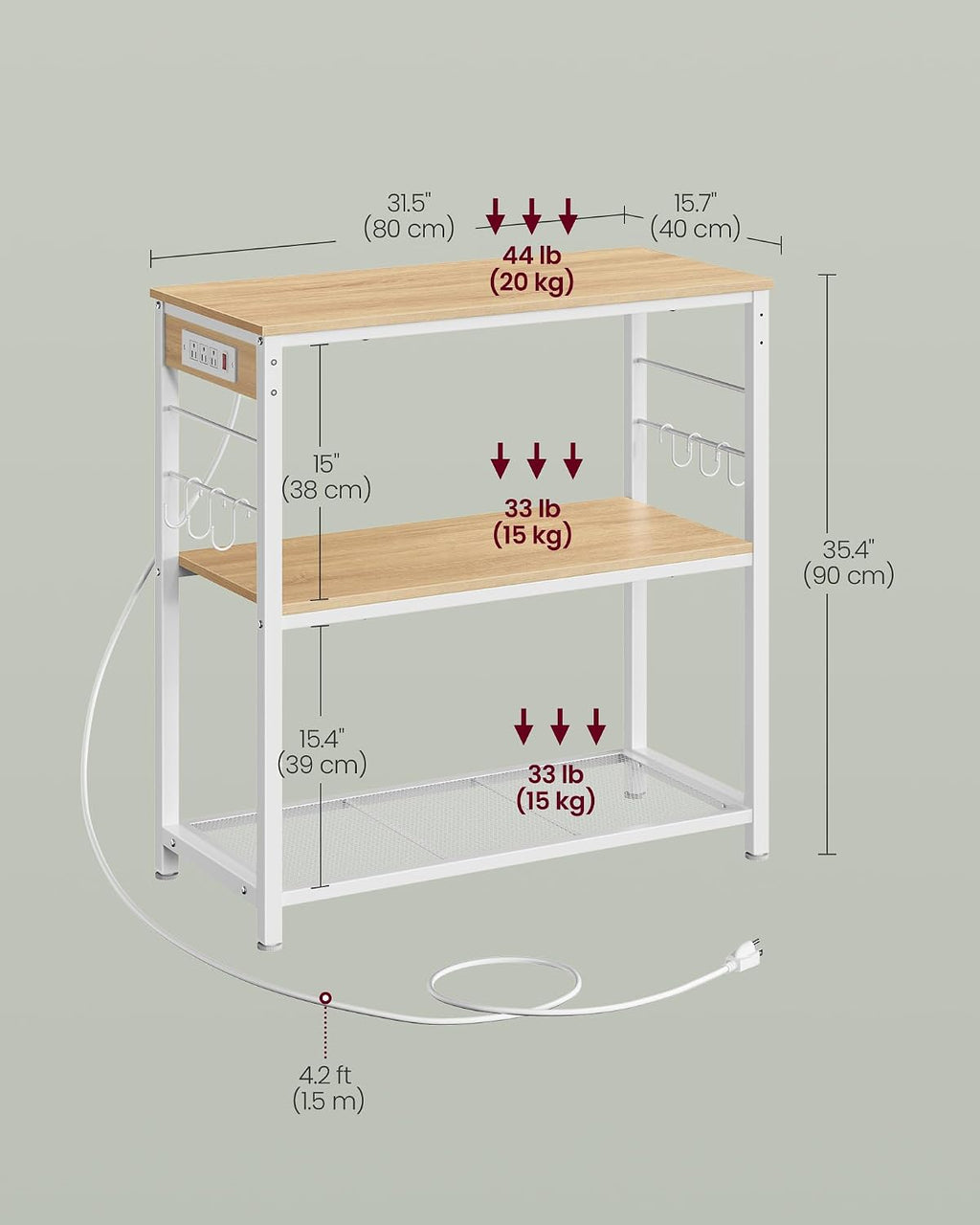 VASAGLE Kitchen Island with Power Strip, Microwave Oven Stand, Kitchen Shelf, Baker's Rack with 3 Open Shelves, 6 Hooks, Metal Frame, 15.7 x 31.5 x 35.4 Inches, Goldean Oak and White UKKI102YA02S