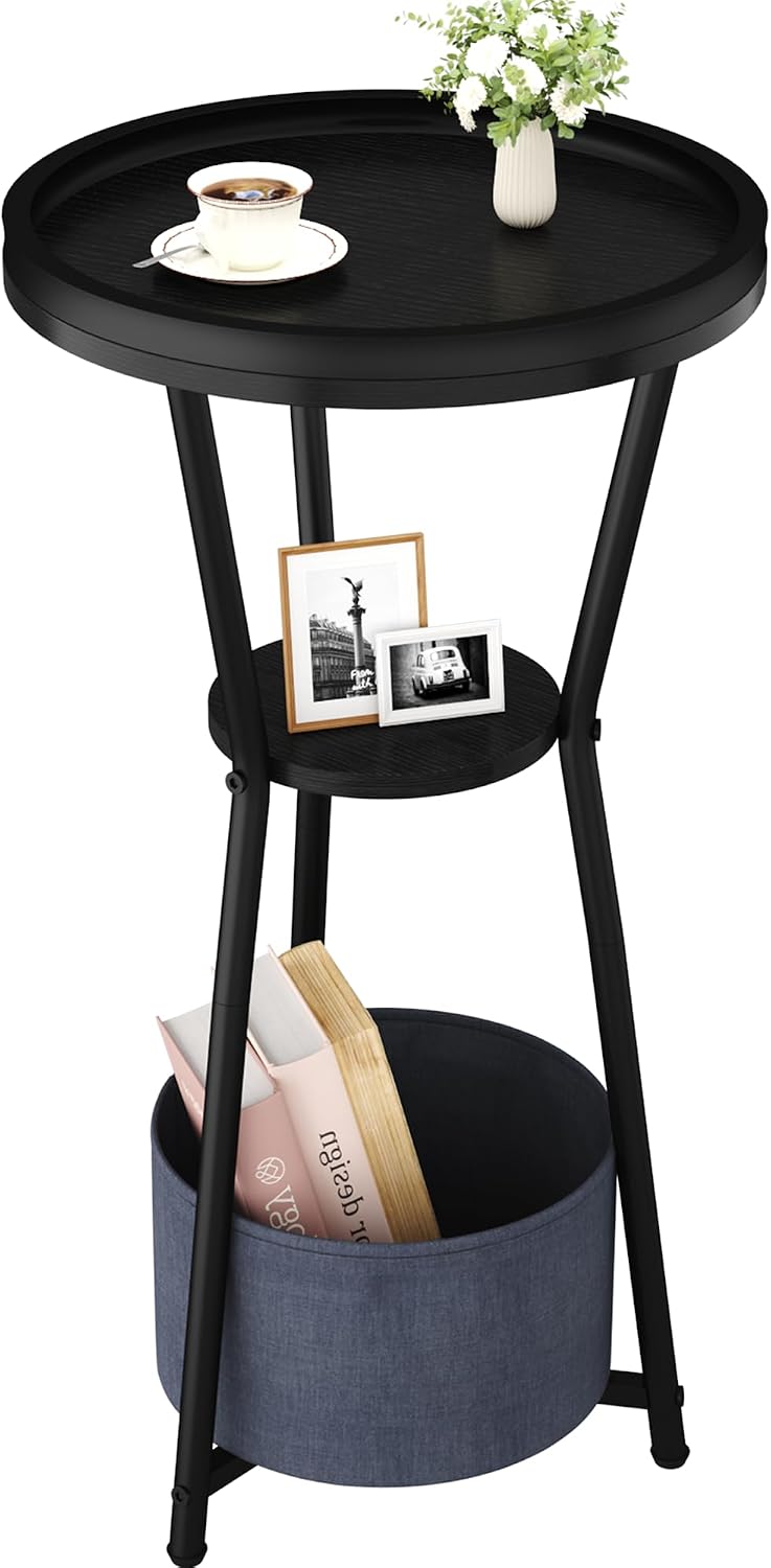 Yusong Round Side Table, Small Drink Table for Small Spaces, 3-Tier Industrial End Table, Accent Nightstand Bedside Table for Living Room, Bedroom, Sofa Couch, Black