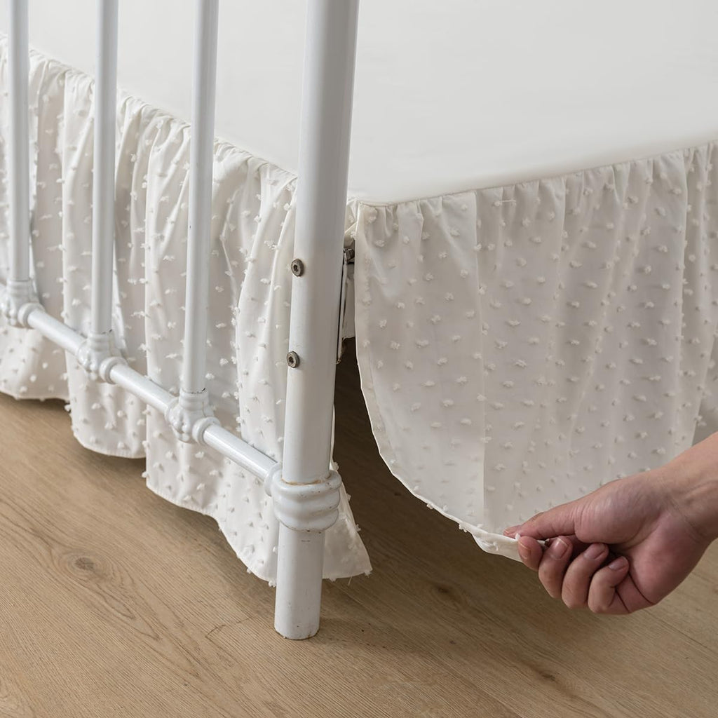 Tufted Dot Bed Skirt Queen Size Ruffled Bed Skirt with Split Corners, 14 Inch Drop Dust Ruffle Bed Skirts with Platform, Ivory