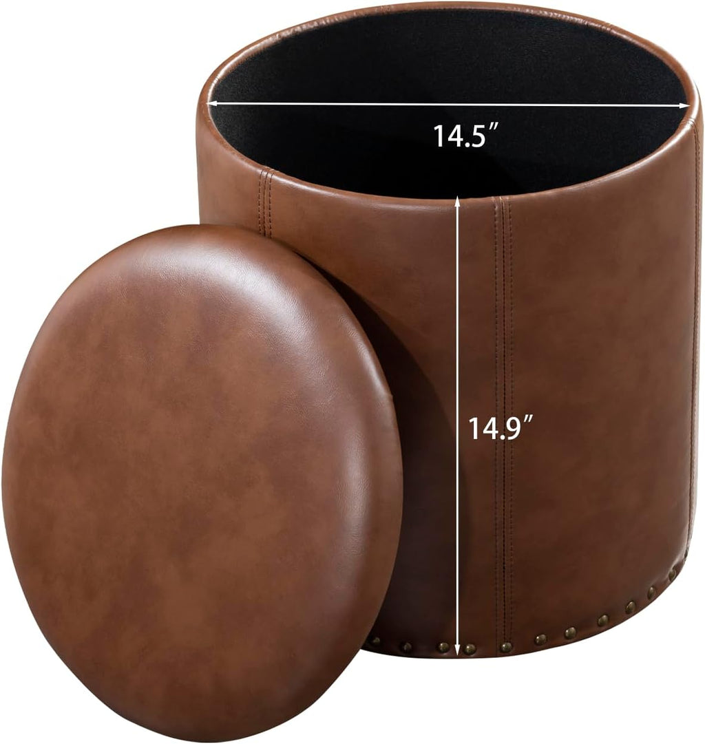 Adeco Brown Upholstered Round Faux Leather Storage Ottoman with Tray Lid | Tufted Foot Rest Ottoman for Living Room & Bedroom | Decorative Home Furniture