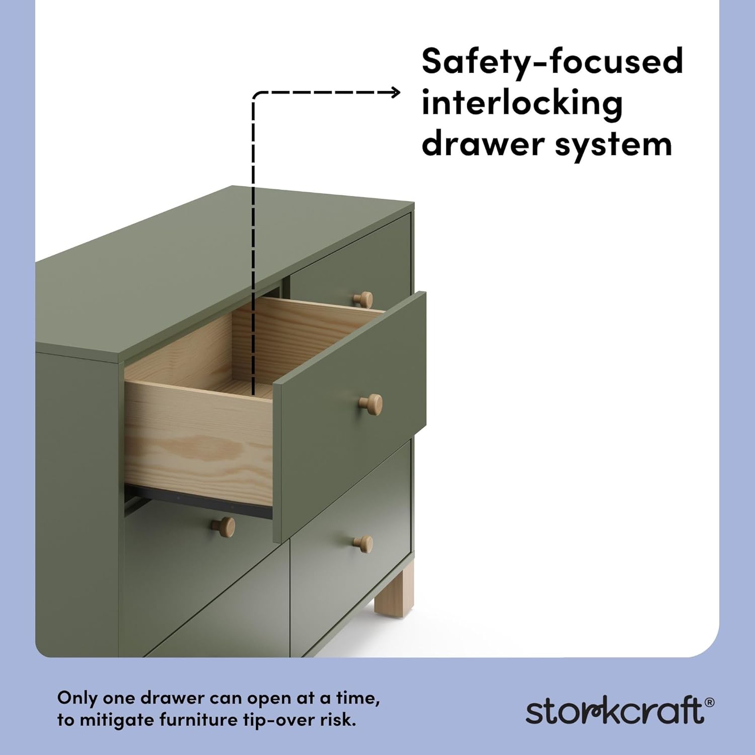 Storkcraft California 6-Drawer Double Dresser, Olive with Driftwood | GREENGUARD Gold Certified, Wood Dresser, Spacious Storage Organizer for Kids Bedroom, Safety Interlocking Drawer System