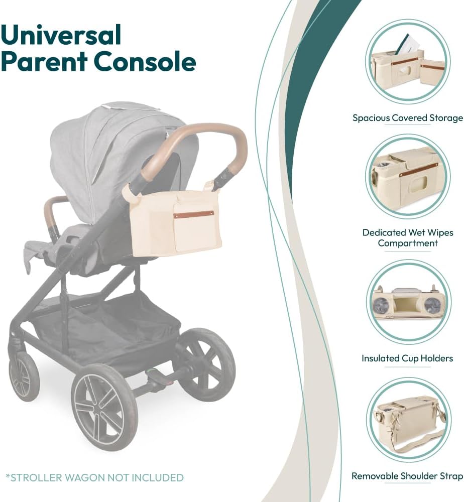 WONDERFOLD Universal Parent Console Stroller Organizer with Insulated Cup Holders, Hook & Loop Closure Handle Attachment, 2 Storage Pockets, Removable Shoulder Strap for Easy Transport