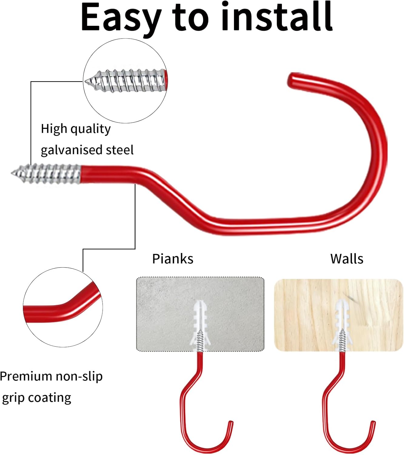 Heavy Duty Bike Storage Hooks for Garage, Wall and Ceiling Mount Bicycle Hangers, Large Screw-in Utility Hooks for Bikes, Cords, Garden Tools, and More (Red, 7 pcs)