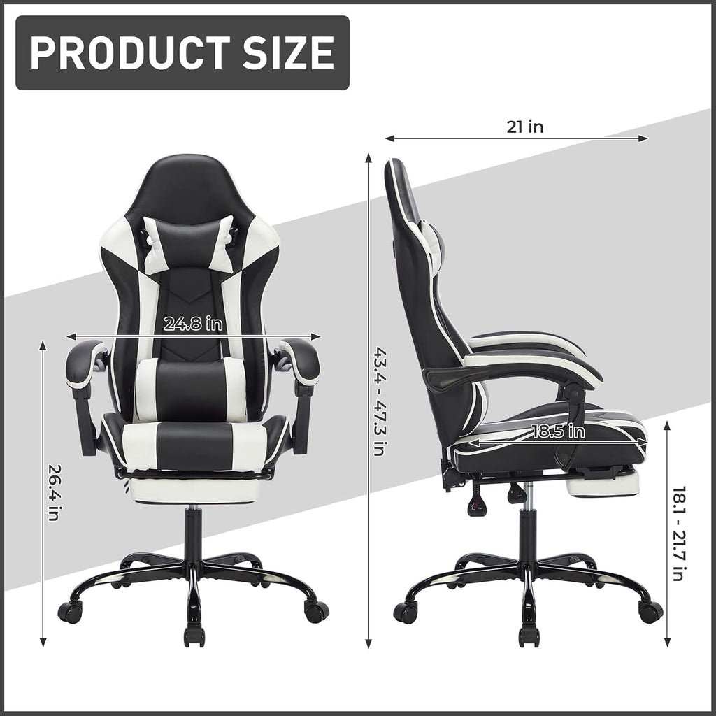 Gaming Chair with Footrest, Ergonomic Computer Chair with Headrest and Lumbar Support, Breathable Material Height Adjustable Video Game Chairs for Adults, Black White