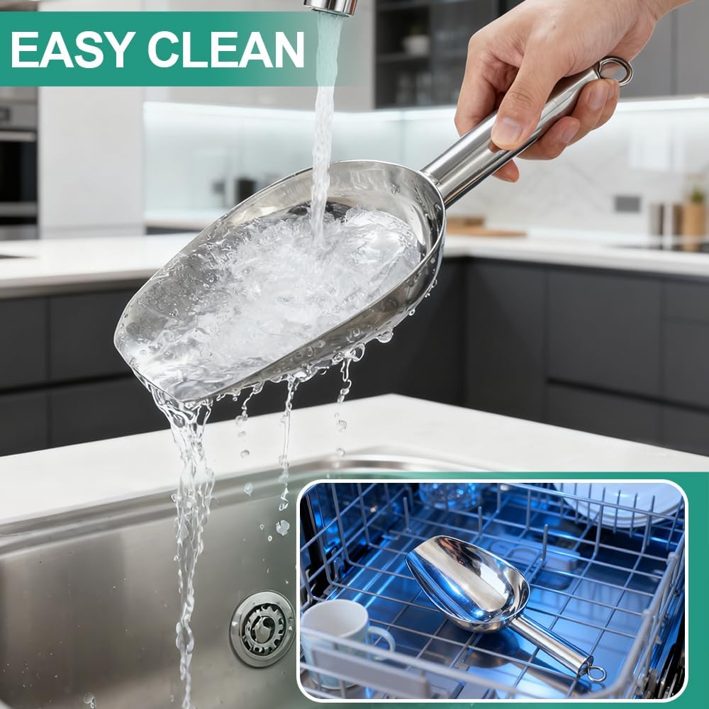 6 Oz Upgraded & Thickened Stainless Steel Ice Scoop, Kitchen Scooper for Ice Maker, Freezer, Bucket, Bar, Wedding, Pet Food - Sturdy, Rust-Resistant, Dishwasher-Safe