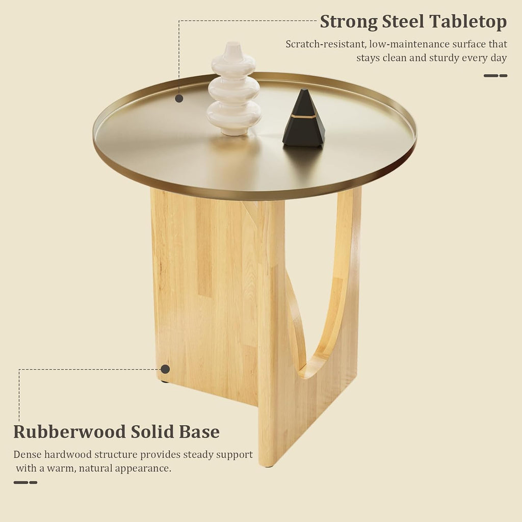 Farmhouse Rubberwood End Table, Beige Rustic End Table with Stainless Steel Tabletop, Round Side Table for Living Room, Bedroom, Lounge