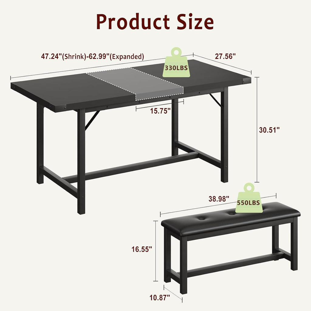 GarveeHome 5 Piece Extendable Dining Table Set for 4-6, Kitchen Table & 2 Upholstered Benches w/Metal Corner Protector, Dining Room Table Set for Small Space, Apartment, Easy Assemble, Retro Black