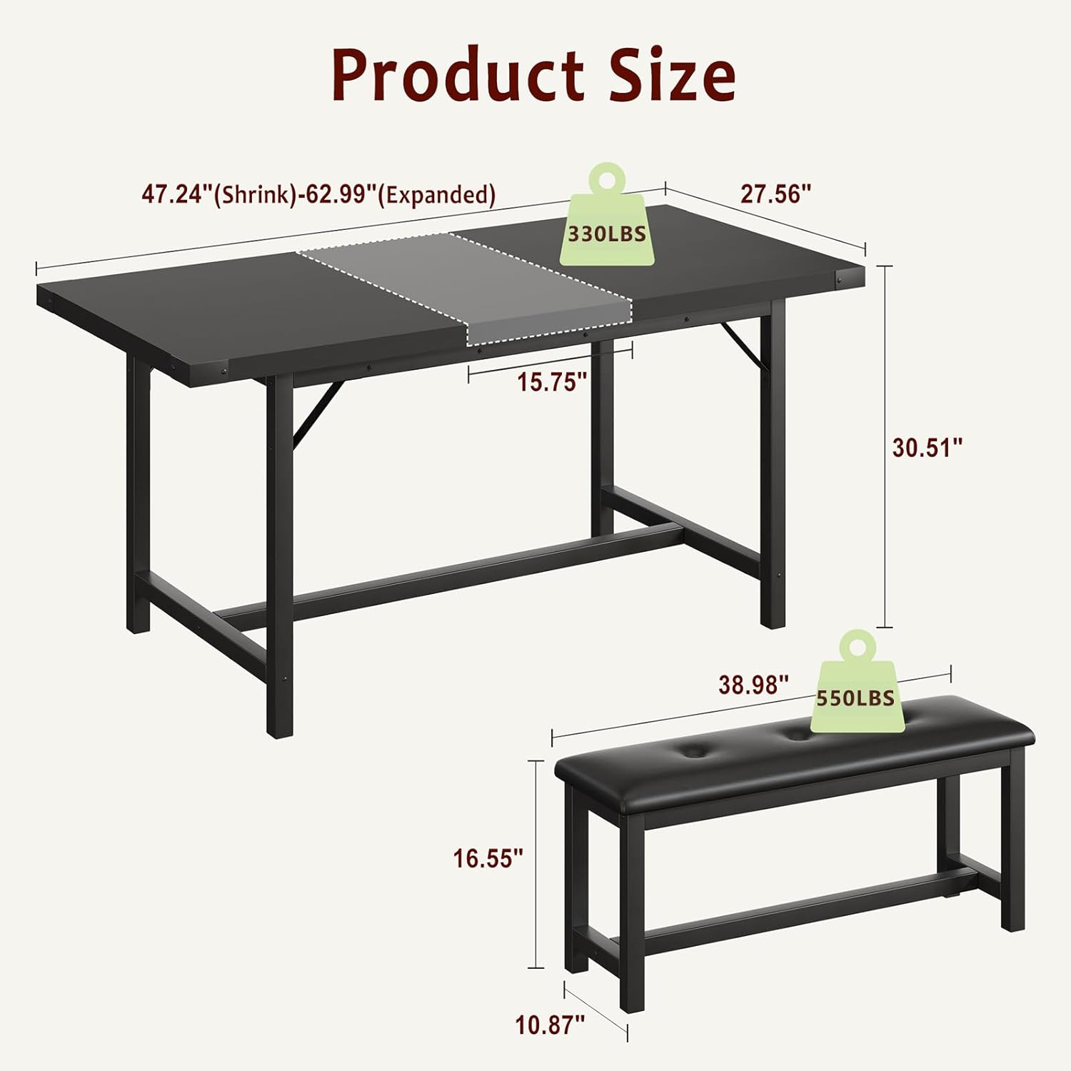 GarveeHome 5 Piece Extendable Dining Table Set for 4-6, Kitchen Table & 2 Upholstered Benches w/Metal Corner Protector, Dining Room Table Set for Small Space, Apartment, Easy Assemble, Retro Black