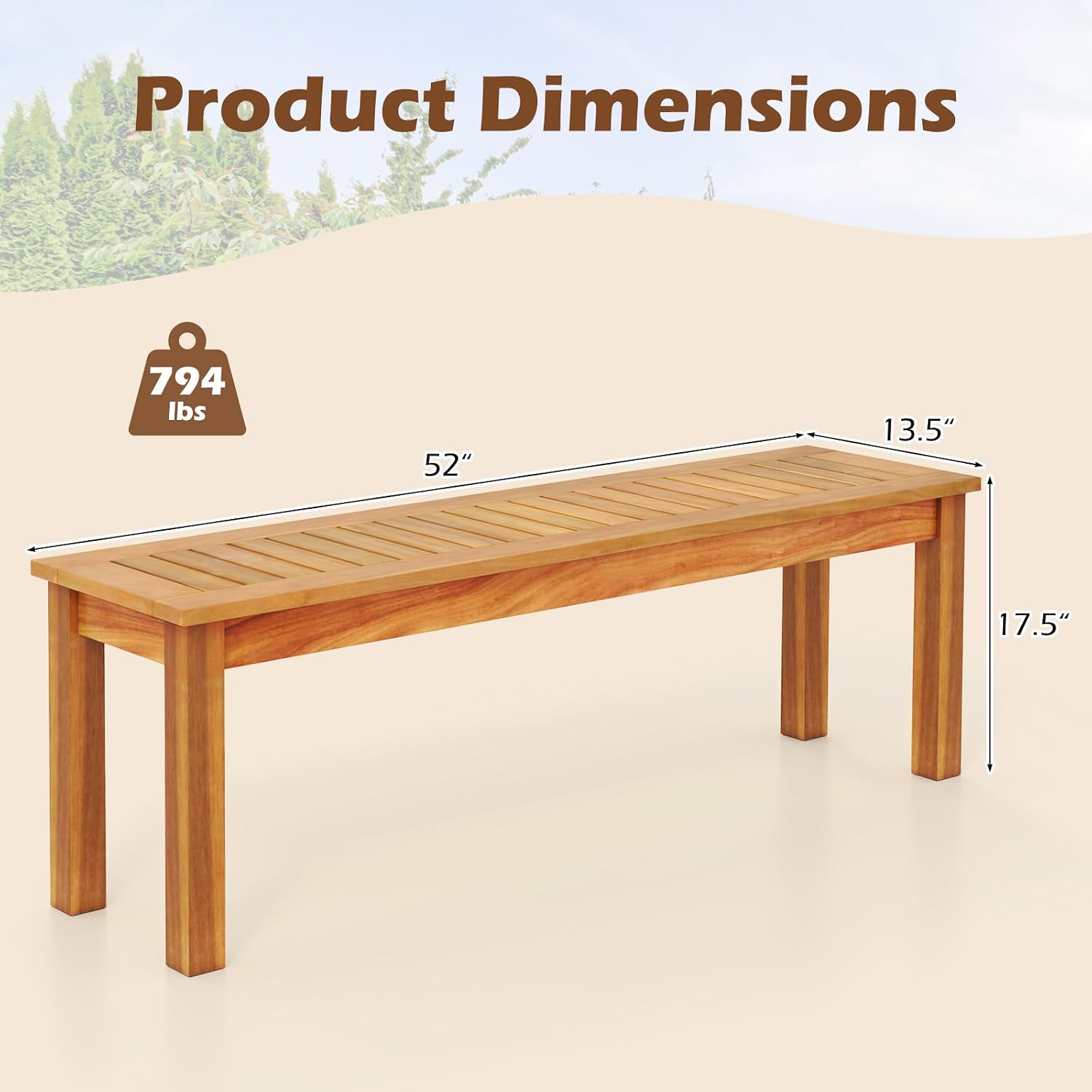 COSTWAY Outdoor Bench, 52” Backless Acacia Wood Narrow Bench for Patio, Park, Garden & Front Porch (1,52”)