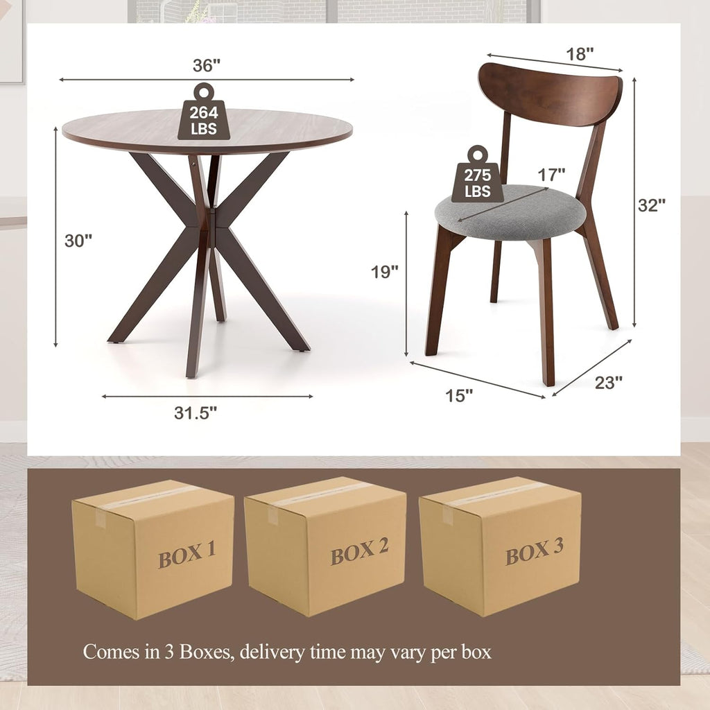 ERGOMASTER 5-Piece Dining Table Set for 4, 36" Kitchen Round Table with 4 Chairs, Rubber Wood Legs, Brown