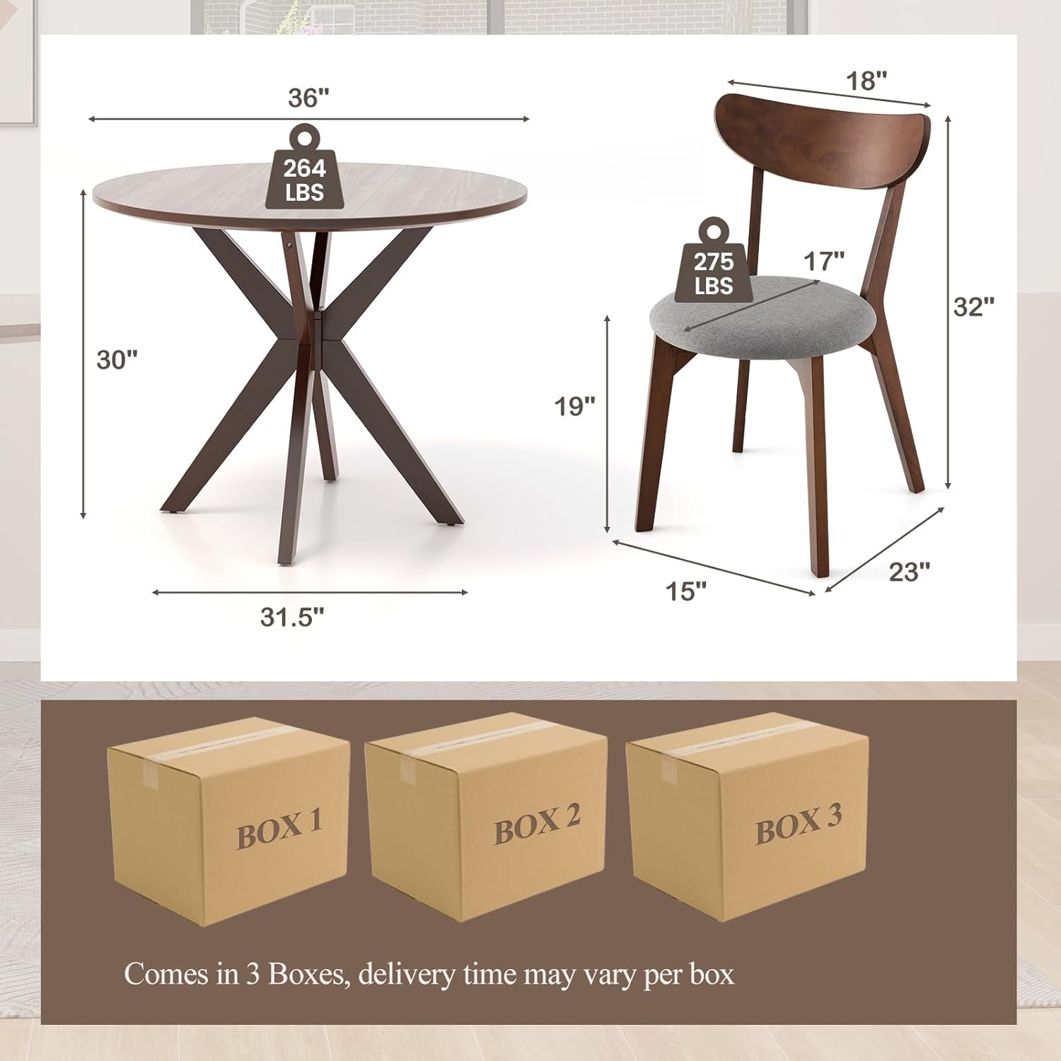 ERGOMASTER 5-Piece Dining Table Set for 4, 36" Kitchen Round Table with 4 Chairs, Rubber Wood Legs, Brown