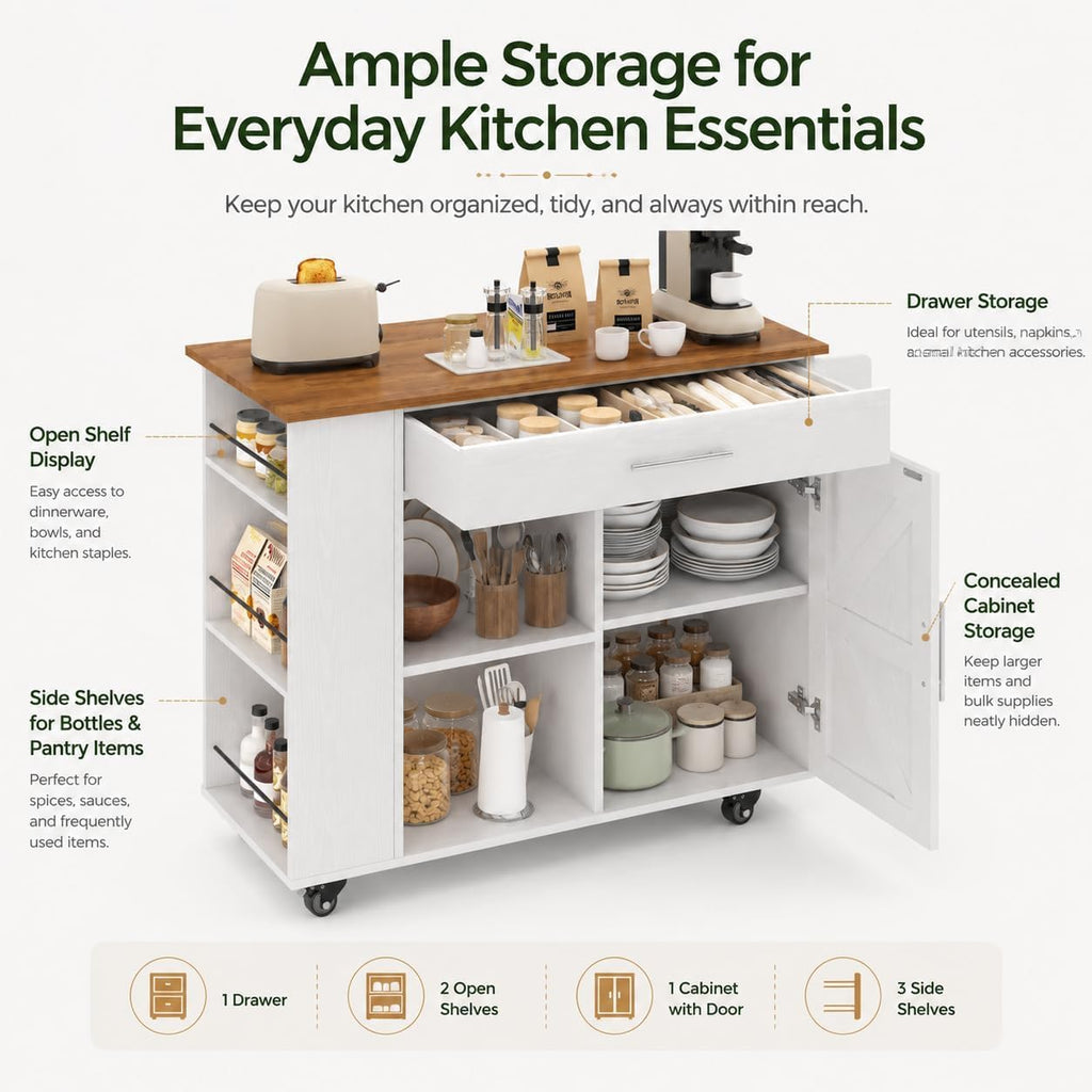 4 EVER WINNER 39" Rolling Kitchen Island with Storage and Drawer, Farmhouse Kitchen Island on Wheels with 3-Tier Spice Rack, Adjustable Shelf & Towel Rack, Mobile Kitchen Cart for Small Space, White