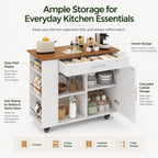 4 EVER WINNER 39" Rolling Kitchen Island with Storage and Drawer, Farmhouse Kitchen Island on Wheels with 3-Tier Spice Rack, Adjustable Shelf & Towel Rack, Mobile Kitchen Cart for Small Space, White