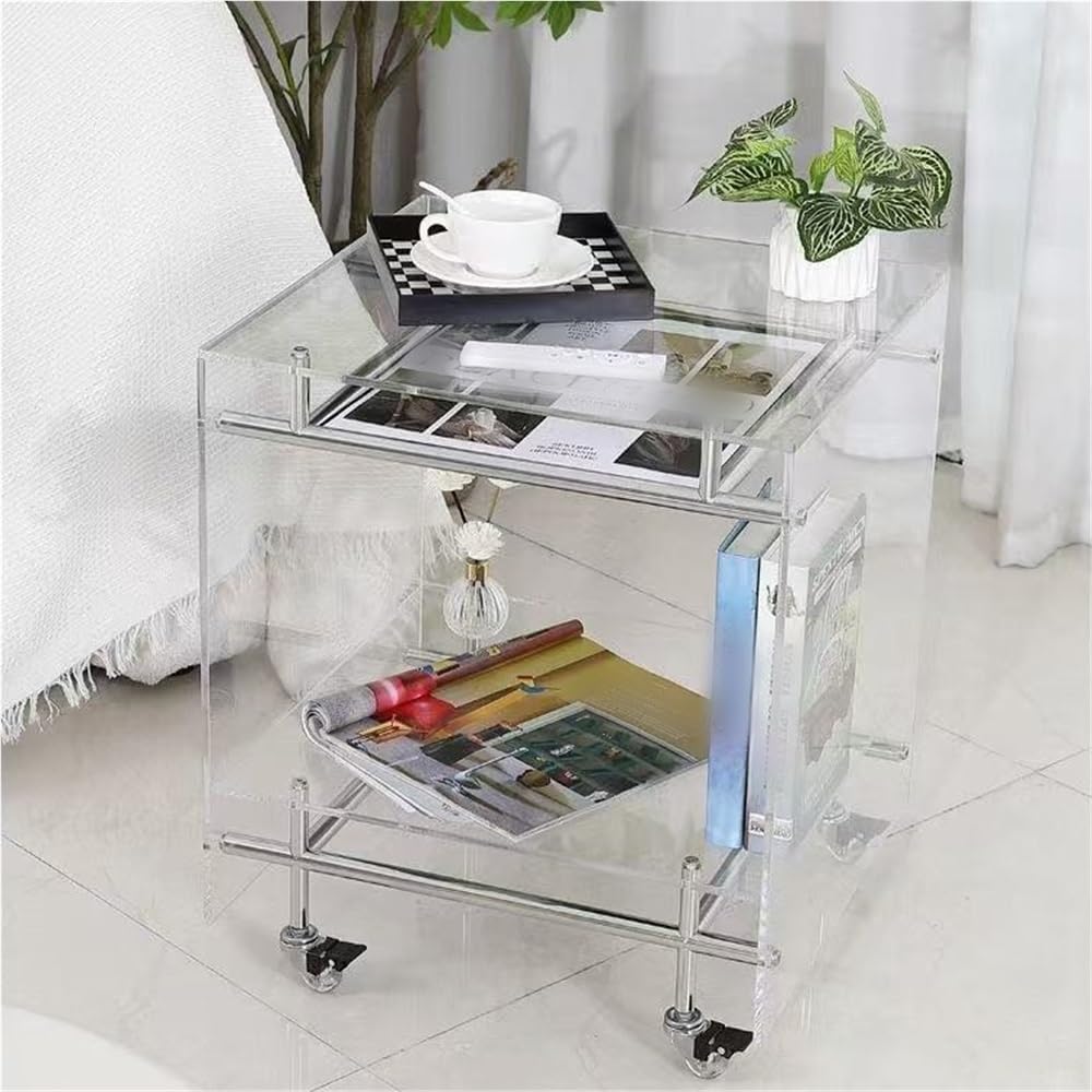 Movable Acrylic Couch Side Table, Creative Double-Layer Night Stand, Transparent Coffee Table with Wheels, Multi-Purpose End Table for Living Room and Bedroom(Yellow)