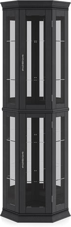 BELLEZE Lighted 3-Side Glass Display Curio Cabinet w/Tempered Glass Doors & Shelves, Accent Wooden Corner Cabinet with Bulb, Corner Storage Decoration Rack for Living Room & Bed-Room Corona (Black)