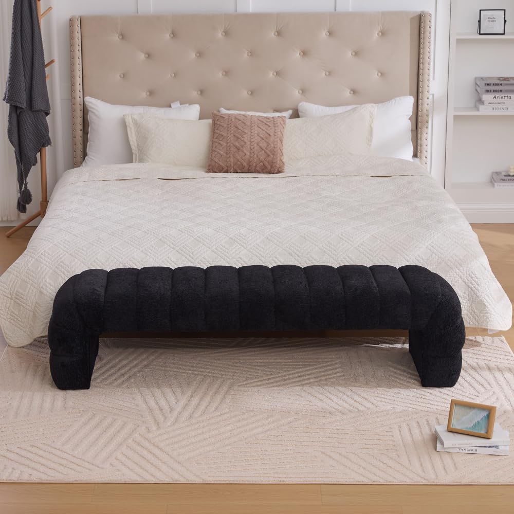 Modern Armless Bed Bench - Channel Tufted Chenille Upholstered, Multi-Use as Couch Daybed Chaise or Ottoman Foot Stool for Living Room, Bedroom, Entryway (69.7", Black)