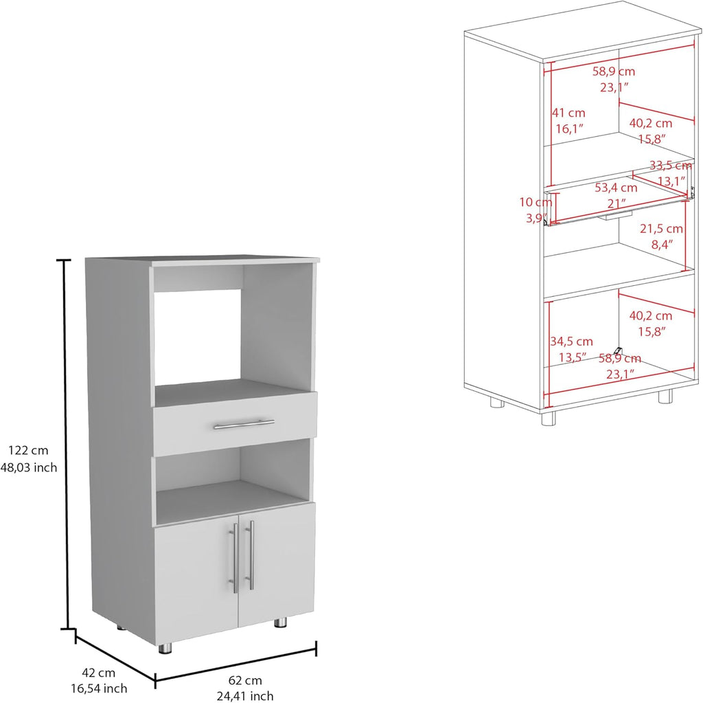 24.4" D*16.54" W*48" H Kitchen Pantry with Drawer & 2 Open Shelves, Lower Double Door, Sliver Legs, Rectangular Storage Cabinet, Modern Minimalist, for Living Room, Dining Room, White