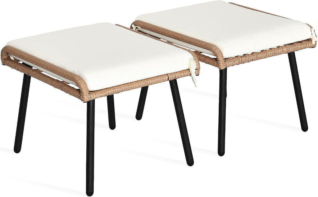 YITAHOME 2-Piece Outdoor Wicker Ottoman, All-Weather Patio Rattan Foot Rest with Cushions - Beige