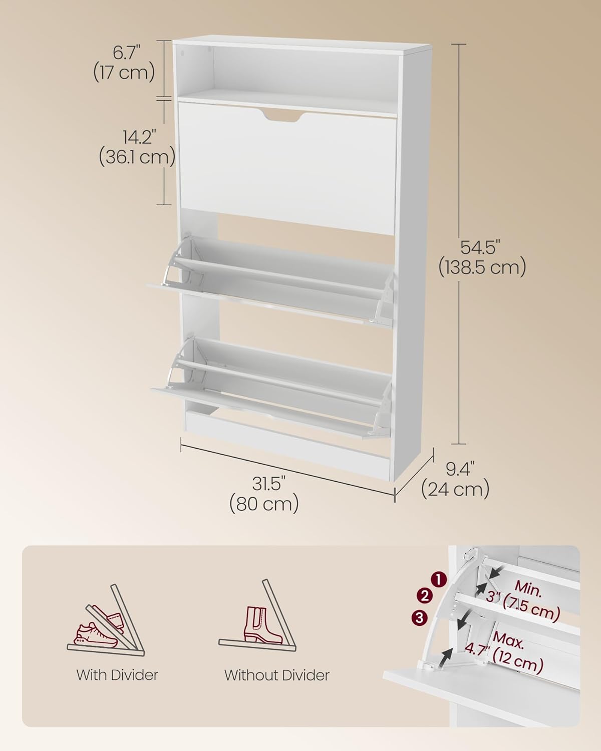 VASAGLE Custos Collection - Shoe Cabinet, Shoe Organizer, Open Compartment, Adjustable and Removable Dividers, 3 Flip Drawers, 9.4 x 31.5 x 54.5 Inches, for 21-24 Pairs, Cloud White ULBC043WB01