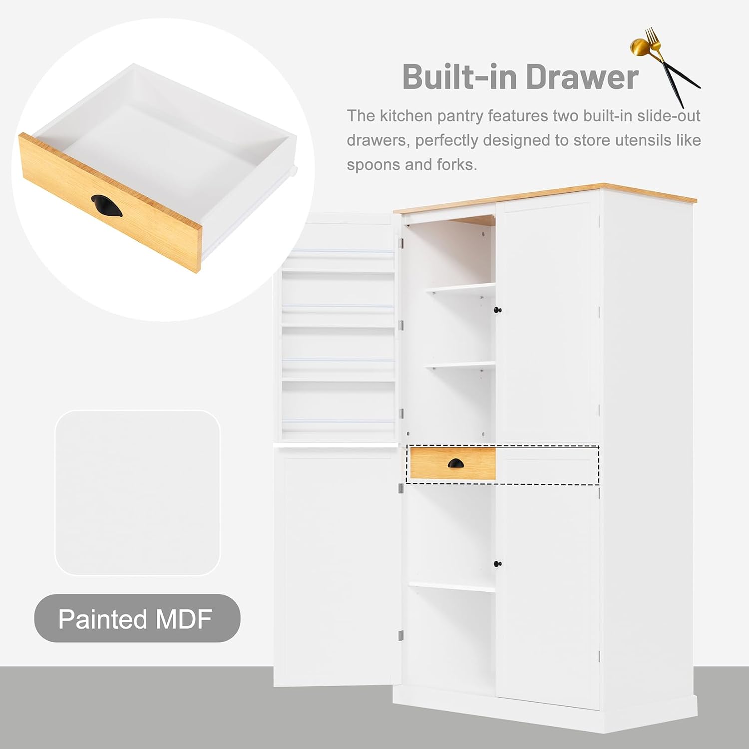 Wood Tall Storage Cabinet, 71.3" Freestanding Kitchen Pantry Cabinet with 4 Doors, 2 Inner Drawers, Adjustable Shelves for Kitchen, Dining Room, Bathroom, White