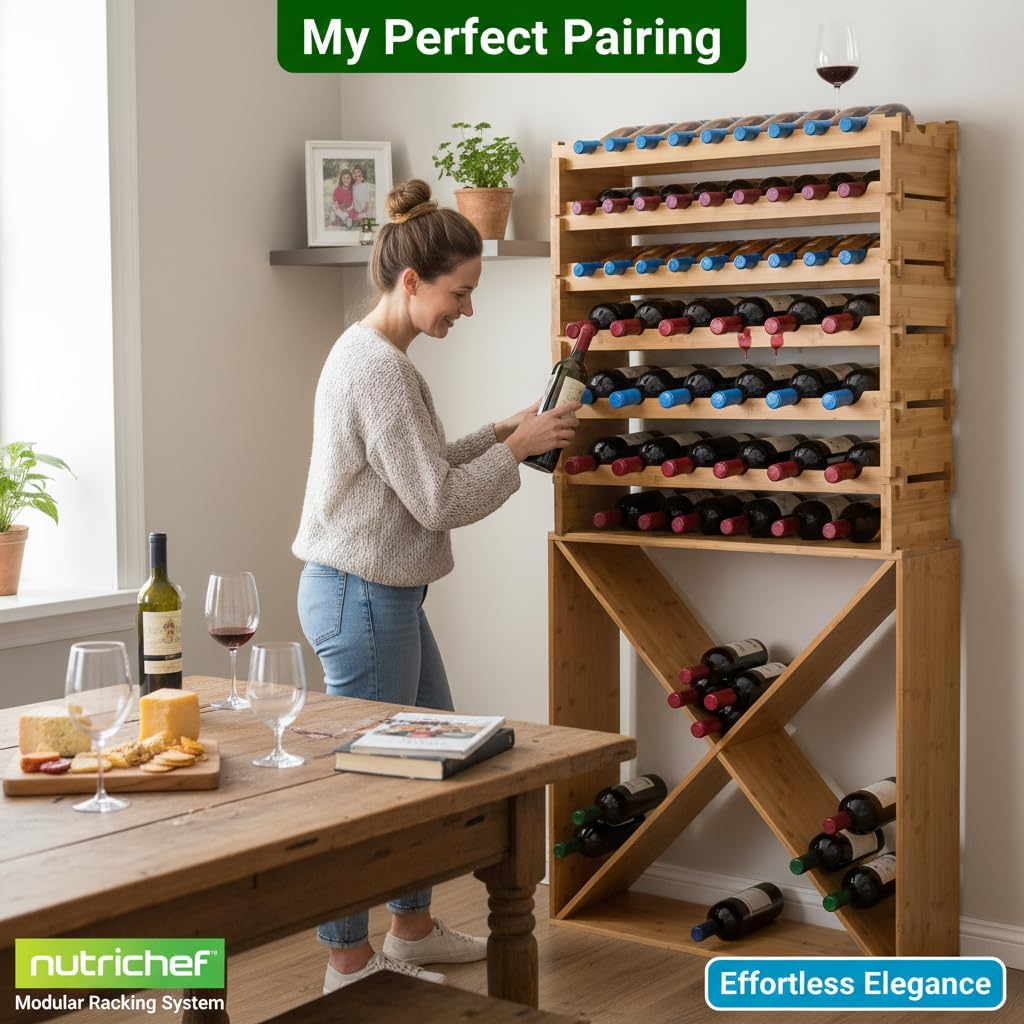 NutriChef Bamboo Wine Rack Freestanding Floor, 8-Tier Wooden Wine Storage Shelf Holds 72 Bottles, Stackable Wine Stand and Wine Holder for Bar, Kitchen, Cabinet, or Cellar Display