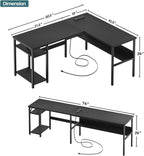 Unikito Reversible L Shaped Desk with Magic Power Outlets and USB Charging Ports, Sturdy Corner Computer Desk with Storage Shelves, Gaming Table Home Office Desk, Easy to Assemble, Black