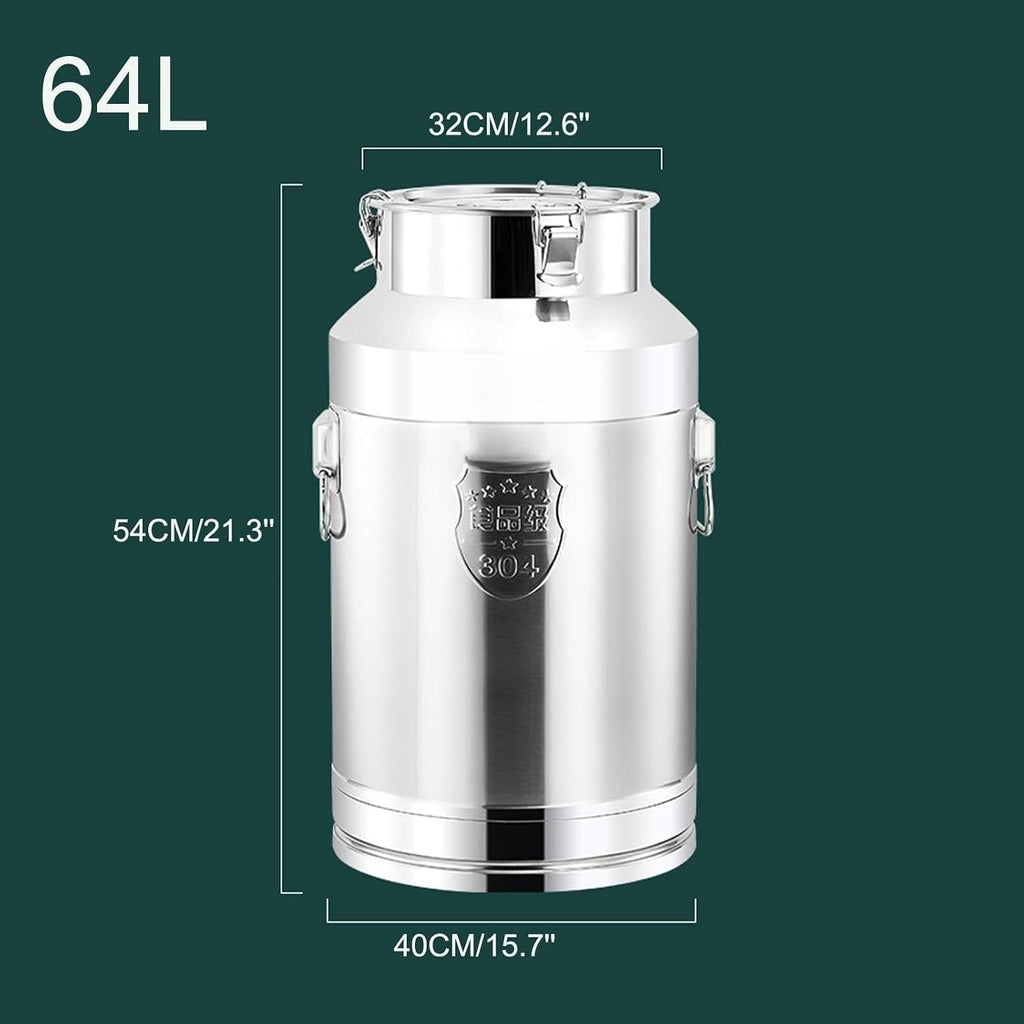 Metal Bucket, 304 Stainless Steel Sealed Milk Barrel, Large Milk Bucket Wine Can Pail Tote Tank with Sealed Lid & Handle for Milk Wine Oil Liquid Transport Storage Container(16.9Gal/64L)